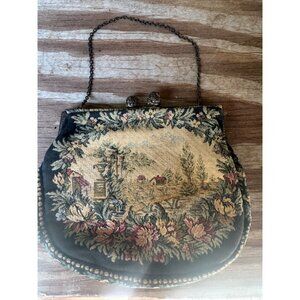 Vintage Floral Tapestry Purse With Clasp Closure & Chain Handle